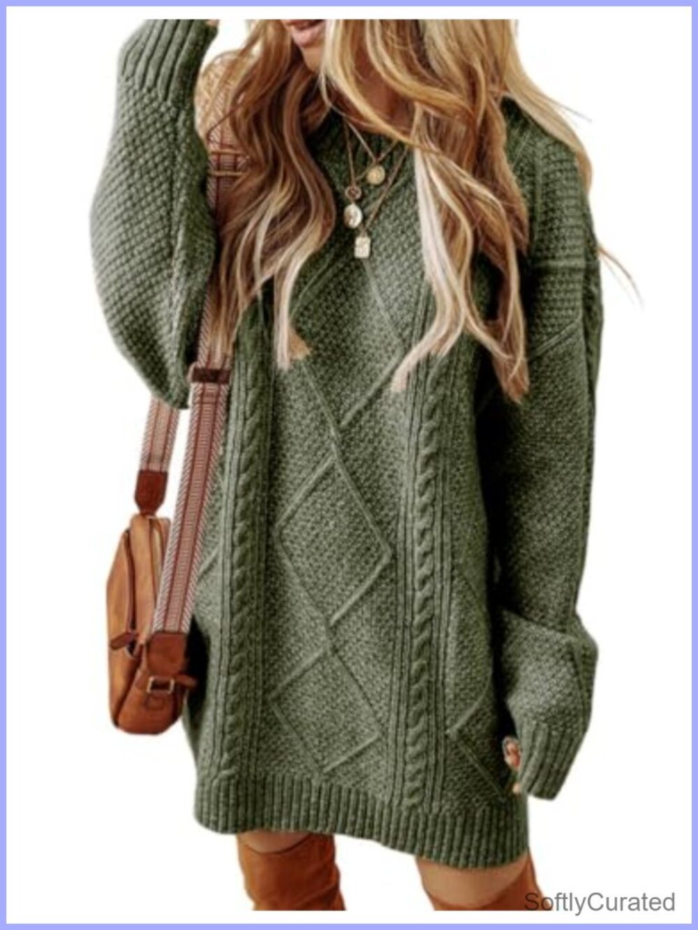 Cable Knit Sweater Dress Long Sleeve Crew Neck Mini Pullover